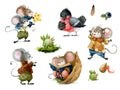 Set of cute christmas mice in cartoon style. Watercolor christmas illustration Royalty Free Stock Photo