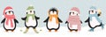 Set of cute christmas penguins. Vector illustration in flat cartoon style Royalty Free Stock Photo
