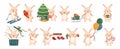 Set of Cute Christmas Rabbits, Cartoon New Year Bunny, Funny Xmas Animal Personages Holding Gift Box, Carrot, Candy Cane