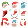 Set of cute Christmas Santa and Elf hats, hats, mittens. Christmas illustration