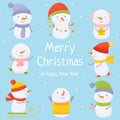 Set of cute Christmas snowmen flat vector illustrations. Winter outdoor activities for children. Cheerful snowmen in Royalty Free Stock Photo