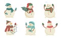 Set of cute Christmas snowmen in hats and scarves. Collection of funny characters. Isolated flat vector illustration Royalty Free Stock Photo