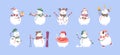 Set of cute christmas snowmen in hats and scarves. Snow men with gift, xmas lights, snowballs, gingerbread and cup of