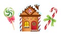 Set of cute Christmas vector illustrations of cartoon gingerbread house and lollipops. Hand drawn holidays clipart Royalty Free Stock Photo