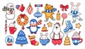 Set of cute christmas and winter elements and cartoon characters. Snowman, polar bear, penguin, bunny and holiday Royalty Free Stock Photo