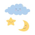Set of cute cloud, star and moon. Cartoon character in flat style. Template for baby design Royalty Free Stock Photo