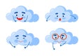 Set of cute clouds flat design with different mood. Cute set of faces kawaii cloud background. Royalty Free Stock Photo