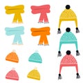 Set of cute color hand drawn winter hats and scarves. Collection of cartoon clothes. Vector illustration