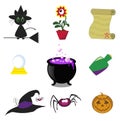 Set of cute colored Halloween magic icons isolated on white