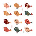 Set of 12 cute colorful cartoon birds. Funny illustration of birds on white background. Can be used for baby shower Royalty Free Stock Photo