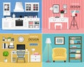 Set of cute and colorful graphic interior design room types with furniture: kitchen, living room, home office. Royalty Free Stock Photo