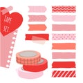 Set of cute colorful hand drawn masking tape, blank tags label stickers with patterns in red and pink colors as design Royalty Free Stock Photo