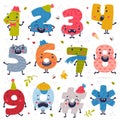 Set of cute colorful number characters with funny faces set. Comic childish bright colorful numerals, math symbols