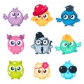 Set of cute colorful owls with different glasses and hats. Cartoon bird emojis and stickers. Vector illustration. Kawaii Royalty Free Stock Photo