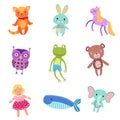 Set of cute colorful soft plush animal toys vector Illustrations Royalty Free Stock Photo