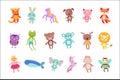Set of cute colorful soft plush animal toys vector Illustrations