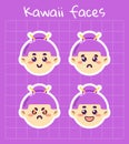 Set of cute colorful trendy portraits with different emotions. Simple modern cartoon kawaii girls on grid background. Vector