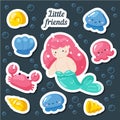 Set of cute creative stickers templates with mermaid theme design. Hand Drawn card for birthday, party invitations, scrapbook, Royalty Free Stock Photo
