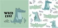 Set of cute crocodile print and seamless pattern with crocodiles.vector