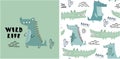 Set of cute crocodile print and seamless pattern with crocodiles.vector