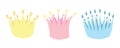 Set of cute crowns in three different colors yellow, pink and blue in flat style