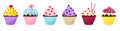 Set of cute cupcakes in flat style. Sweet pastries decorated with cream, icing, hearts, berries Royalty Free Stock Photo