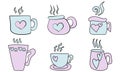 Set of cute cups in doodle style with hearts, Cozy mugs for design Royalty Free Stock Photo