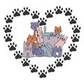 A set of cute cute kittens in the heart of paws. Doodle cartoon style. Love concept. Vector illustration