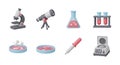 Set of cute 3d rendered laboratory and science equipment icons on white background Royalty Free Stock Photo