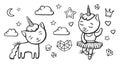 Set of Cute and dancing cats unicorn with horn with elements, stars, clouds, hearts, diamonds. Hand drawn vector