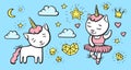 Set of Cute and dancing cats unicorn with horn with elements, stars, clouds, hearts, diamonds. Hand drawn vector