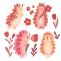 Set of cute dancing hedgehogs with flowers and folk decoration isolated from background. Delicate vector animals