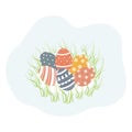 Set of cute decorated Easter eggs in grass isolated on white background. Collection of symbols of religious holiday covered with Royalty Free Stock Photo