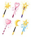 Set of cute decorative magic wands in various shapes. Magical girl cartoon power concept. Vector illustration isolated on white ba