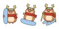 Set of cute deer wear scarf and glasses playing snowboard in various poses