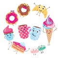 Set of cute desserts. Donuts, muffins, pasta, coffee, tea, cup, cake, ice creams and a croissant. Smiling sweets. Characters. Royalty Free Stock Photo