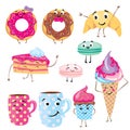 Set of cute desserts. Donuts, muffins, pasta, coffee, tea, cup, cake, ice creams and a croissant. Smiling sweets. Characters. Royalty Free Stock Photo