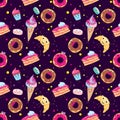 Set of cute desserts. Donuts, muffins, pasta, coffee, tea, cup, cake, ice creams and a croissant. Smiling sweets. Characters. Royalty Free Stock Photo