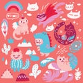 Set of cute different hand drawn kawaii cats, mermaid, unicorn, dinosaur and super hero. Vector illustration
