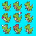 Set of Cute Dinosaur with different facial expressions. Dinosaur emotions face collection in cartoon flat illustration. Royalty Free Stock Photo