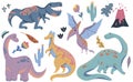 Set of cute dinosaur illustrations. Cartoon vector icons are suitable for cards, wallpapers, backgrounds, fabric and textile print Royalty Free Stock Photo