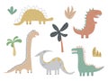 Set of cute dinosaur illustrations. Funny cartoon dino collection with tropic plants. Hand drawn vector set for kids Royalty Free Stock Photo
