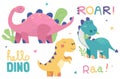 Set of cute dinosaur illustrations. Funny cartoon dino collection with tropic plants and slogans. Hand drawn vector set for kids d