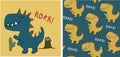 Set of cute dinosaur print and seamless pattern with dinosaurs. vector illustration Royalty Free Stock Photo