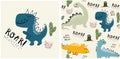 Set of cute dinosaur print and seamless pattern with dinosaurs. vector illustration Royalty Free Stock Photo