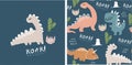 Set of cute dinosaur print and seamless pattern with dinosaurs. vector illustration Royalty Free Stock Photo