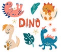 Set with cute dinosaurs. Cute baby animals. Reptile. Lizard. Dinosaur era wildlife...Kids Vector illustration in flat cartoon Royalty Free Stock Photo