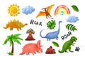 Set of cute dinosaurs, landscape elements in simple kids style. Mountain, volcano, rainbow, tree, clouds, sun, leaves