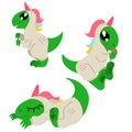 Set of cute dinosaurs in unicorn kigurumi. Dinosaur who just stands there eating muffin and sleeping one. Image isolated