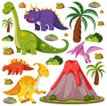 Set of cute dinosaurs and volcano eruption isolated on white background